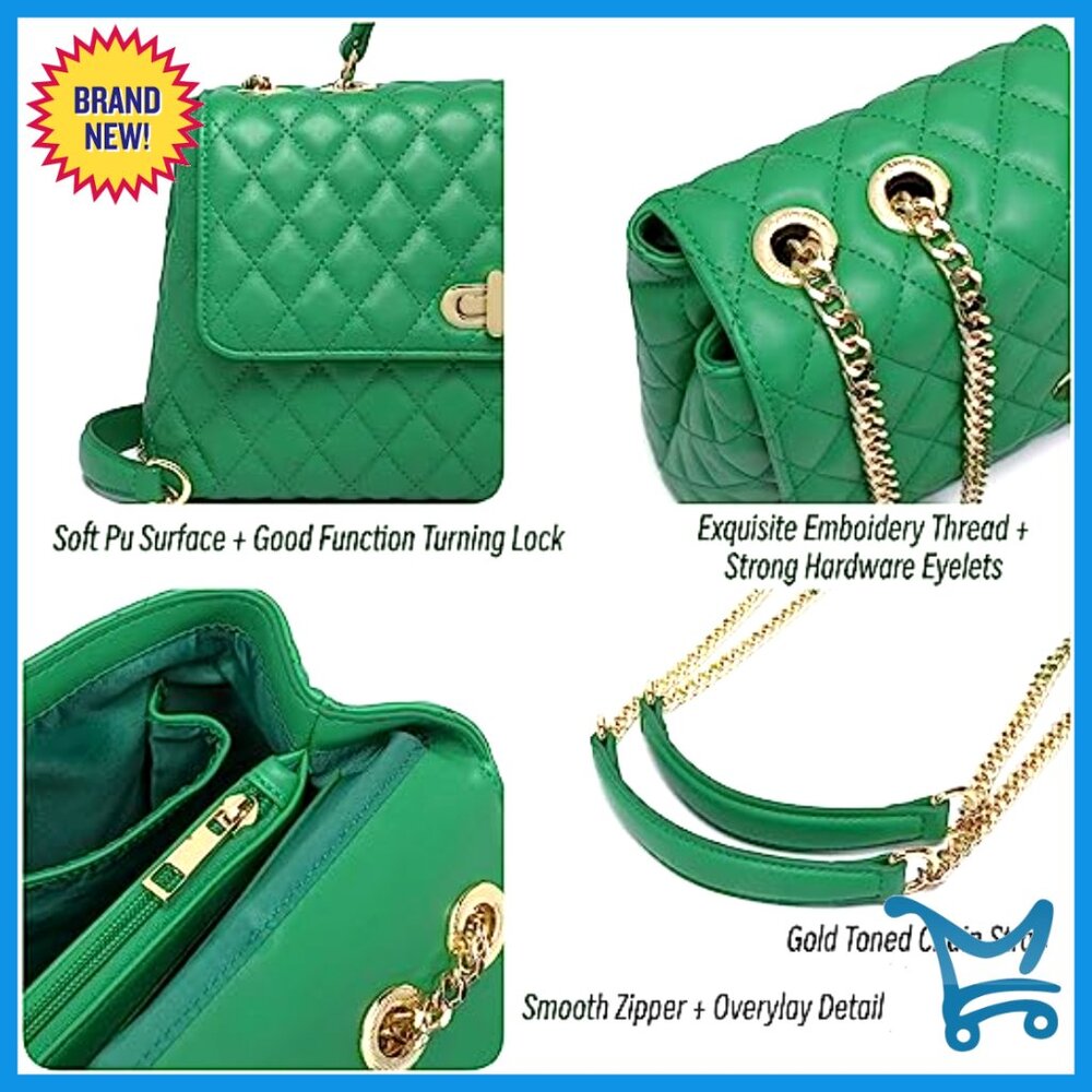 Quilted Crossbody Shoulder Bag with Gold Hardware Chain Strap - Picture 5 of 7